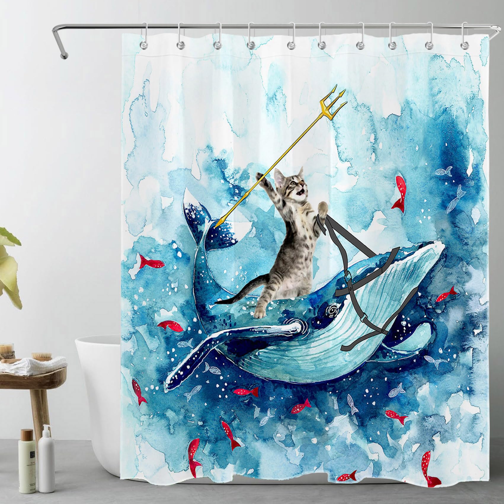 LB Blue Whale Shower Curtain Funny Cat,Watercolor Polyester Anti Mould Waterproof Bathroom Curtains with Hooks,59x71 inches — image 1