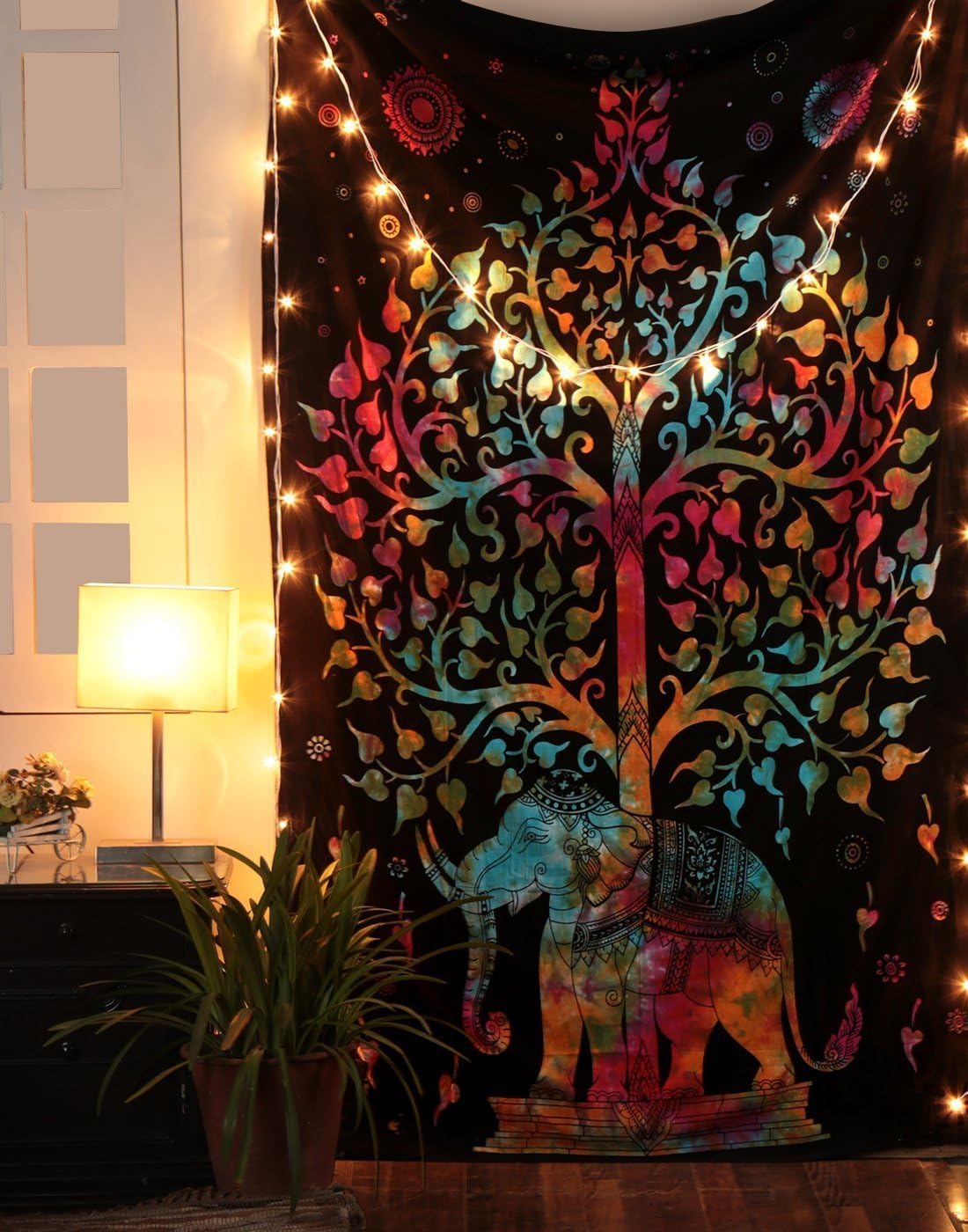 Tree on Life Elephant Mandala Tapestry Boho Psychedelic Tie Dye Wall Hanging Decoration