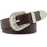 QIQILUXI Western Cowboy Cowgirl Belt for Women, Engraved Buckle PU Leather Belt for Jeans Dresses, 1.1" Wide, 27-48"