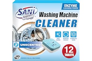 SANI 360° Washing Machine Cleaning tablets, 12 pack is Formulated with Enzyme, Deep Cleans and Deodorizes Front and Top Loading Washers use up to 1-year supply Unscented