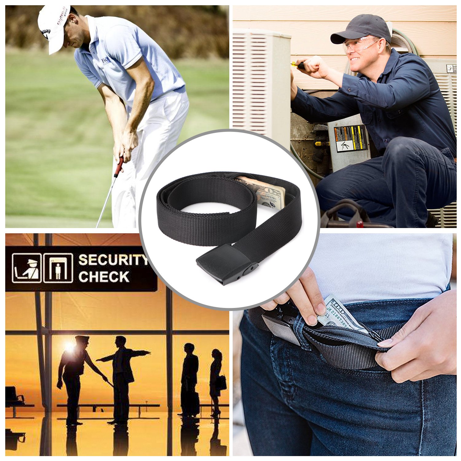 Travel Security Money Belt with Hidden Money Pocket - Cashsafe Anti-Theft Wallet Unisex Nickel free Nylon Belt by JASGOOD