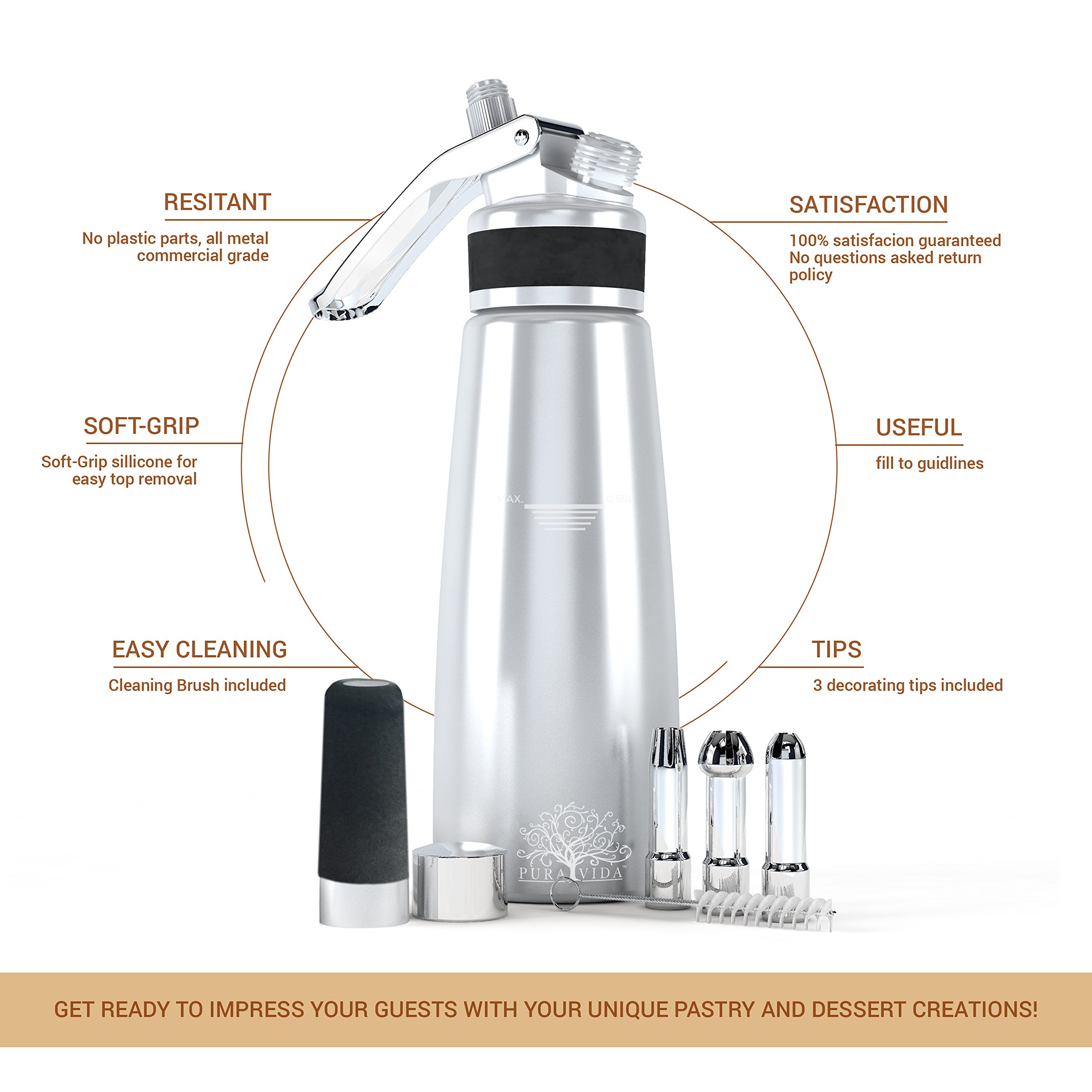 Whipped Cream Dispenser By Pura Vida – Durable, All Aluminum Body & Head – 3 Stainless Steel Decorating Tips & A Brush – Half Quartz Size – Dishwasher Safe – Gift Box Packaging – Easy Instructions