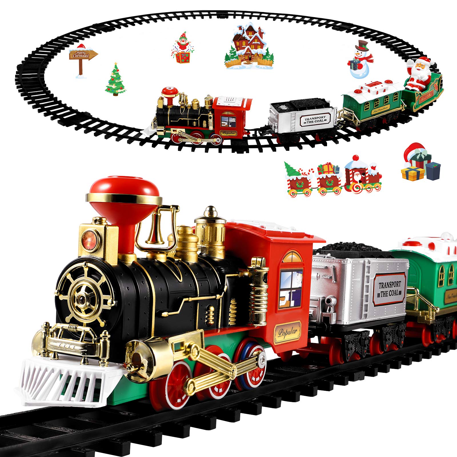 Toyvian Christmas Railway Train Set with 47.2" Railway Track & 4 Cars Lights and Sounds Railway,Battery Operated Locomotive Engine Play Set Electronic Toys for Kids