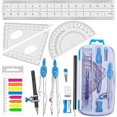 Akuoly Math Compasses Back-to-School Starter Geometry Kit with 2 Drafting Compasses Protractor Set Squares Ruler and More for Students Maths Study Homework, Blue Set with Carry Case