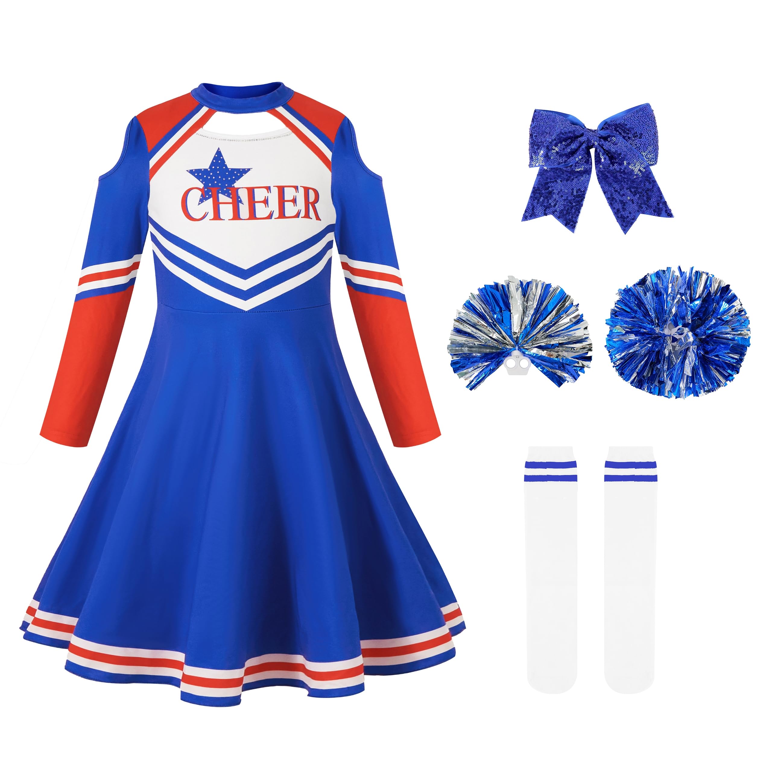 LOLANTA Girls Blue Cheerleader Outfit, Kids Long Sleeve Cheerleading Costume with Pompoms, High School Musical Costume(Blue,12-13 Years,Tag Size 160) — image 1