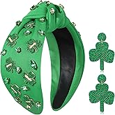 St. Patrick’s Day Headbands for Women Lucky Shamrock Knotted Headband Good Luck Headbands Embellished Rhinestone Wide Top Knot Headband St. Patrick's Day Hair Accessories (Shamrock 3)