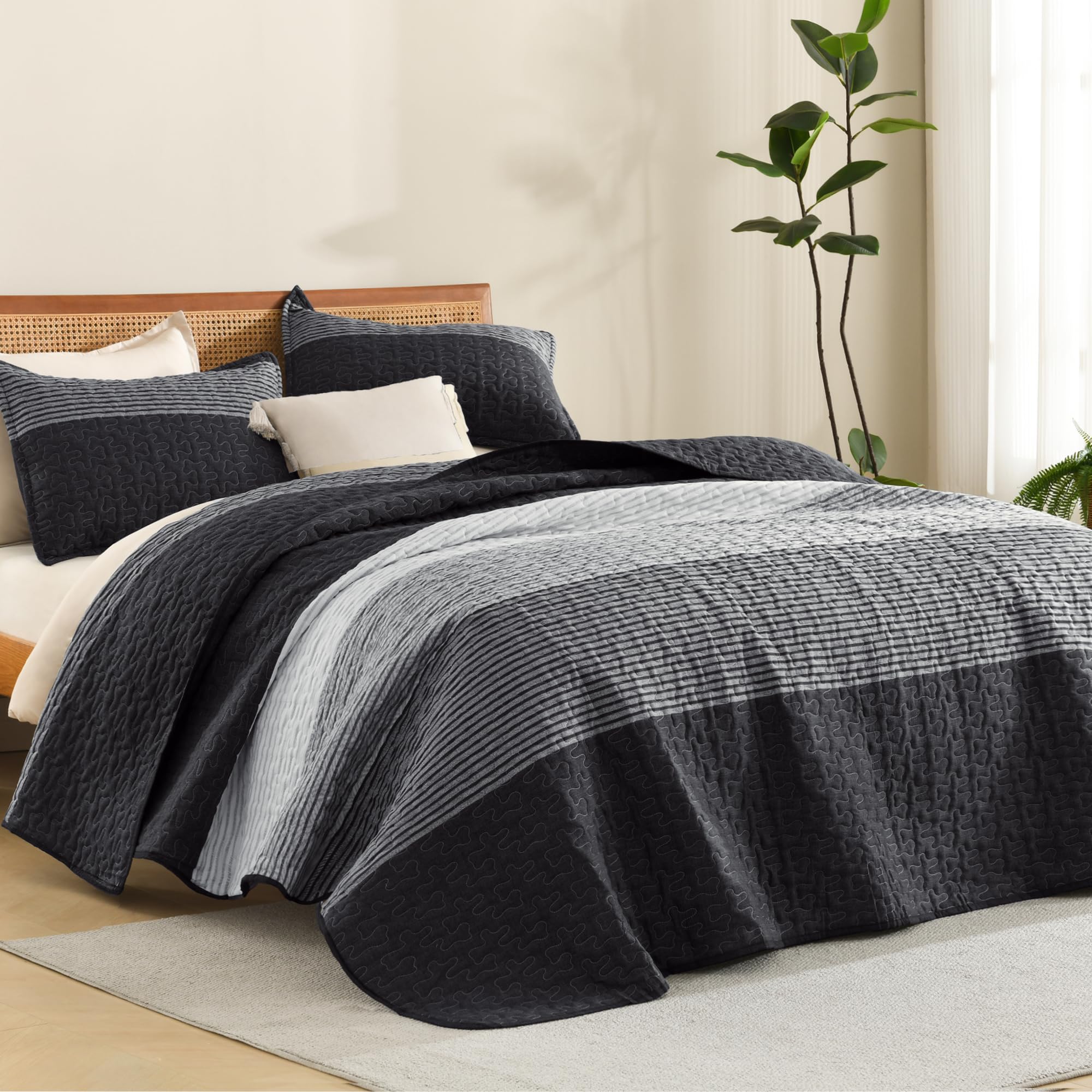 Photo 1 of Litanika Quilt King Size Black, Grey and White, Gray Stripe Patchwork Summer Bedspread Coverlet 3 Pieces, Soft Lightweight Microfiber Comforter Bedding Set for All Season(1 Quilt, 2 Pillowcases)