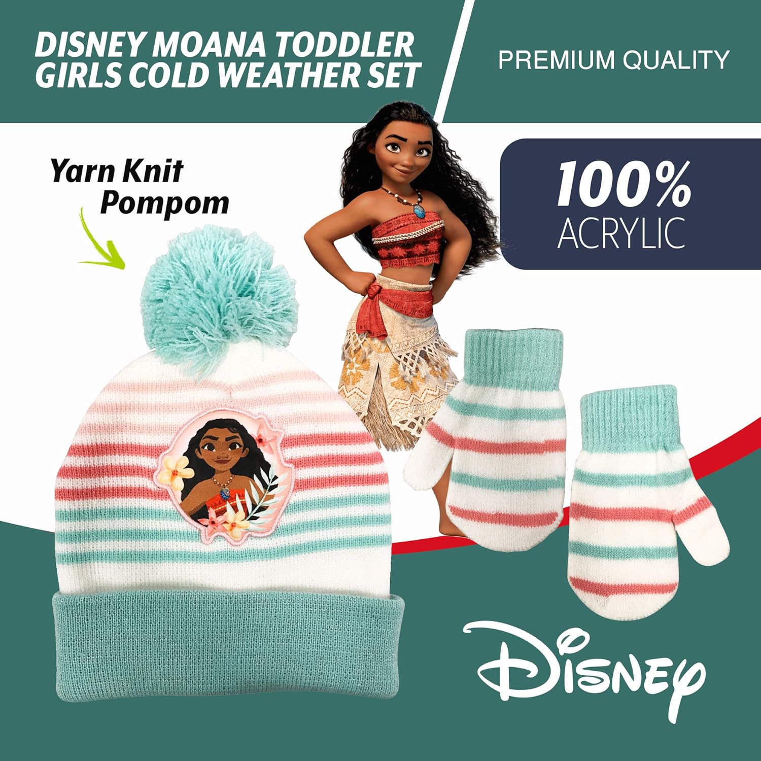 Disney Moana Girls Toddler Girls Beanie Winter Hat and Mittens Cold Weather Set, Age 2-4: Clothing