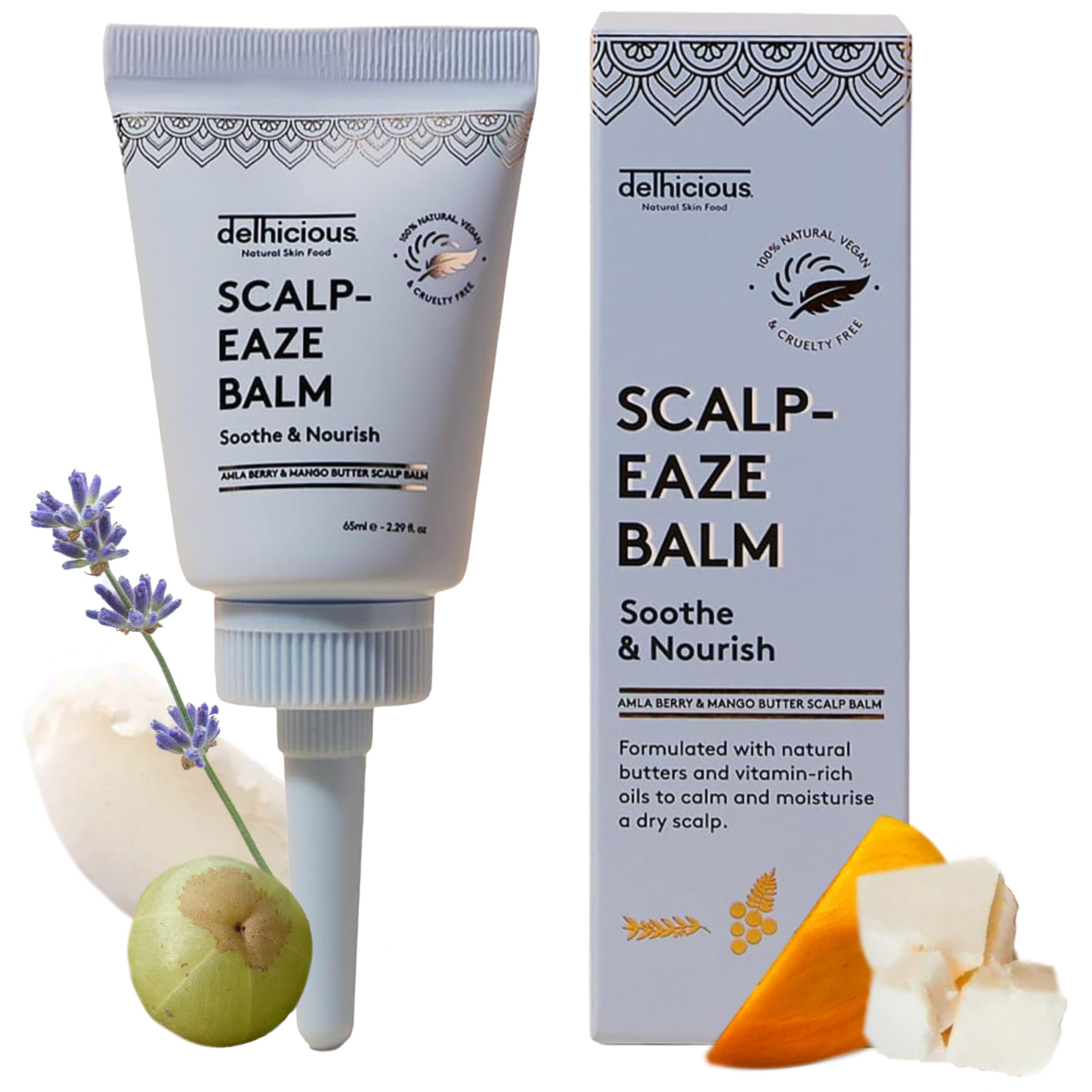 Delhicious Dry Itchy Scalp Treatment Moisturiser Balm - Amla Hair Oil, Shea Butter & Mango Butter - Scalp-Eaze - Psoriasis Scalp Treatment, Dry Scalp Serum - SLS Free, Natural, Vegan, Ayurveda - 65ml