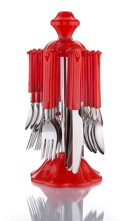 Bluzon Premium Kitchen Cutlery Serving Set with Revolving Stand Made from Stainless Steel & ABS Plastic (24 Pcs, Red)