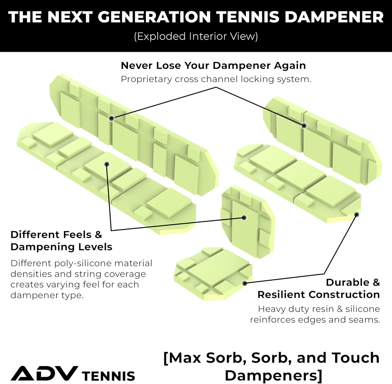 ADV Tennis Vibration Dampener - Set of 3 - Ultimate Shock Absorbers for Racket and Strings - Premium Quality, Durable, and 100% Reliable - Newest Technology (Bright Yellow Green) : Sports & Outdoors