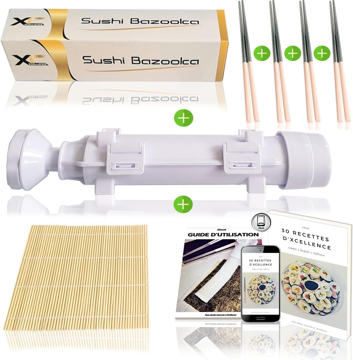 Xcellence Sushi Machines - Complete Bazooka Sushi Kit - Bamboo Mat - 2 Pairs of Chopsticks - Easy to Make Maki Quickly for Beginner - Maki Successful First time - Simple to Clean - Bonus: EBOOK!