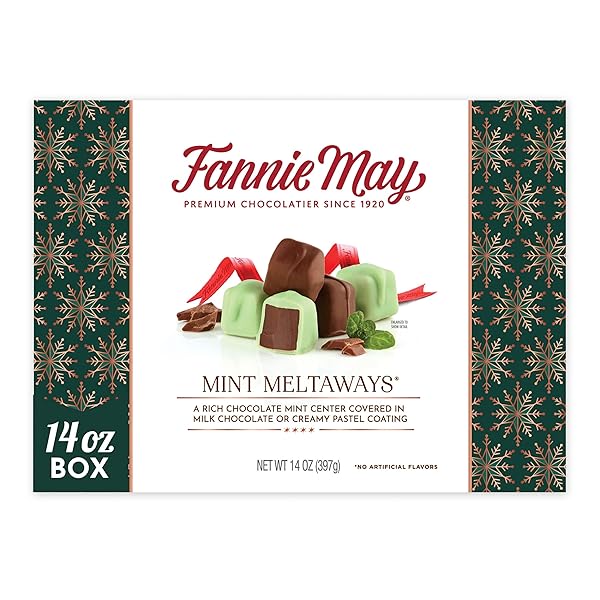 FANNIE MAY, PREMIUM MILK CHOCOLATE, MINT MELTAWAYS, HOLIDAY GIFT BOX, 14 OZ