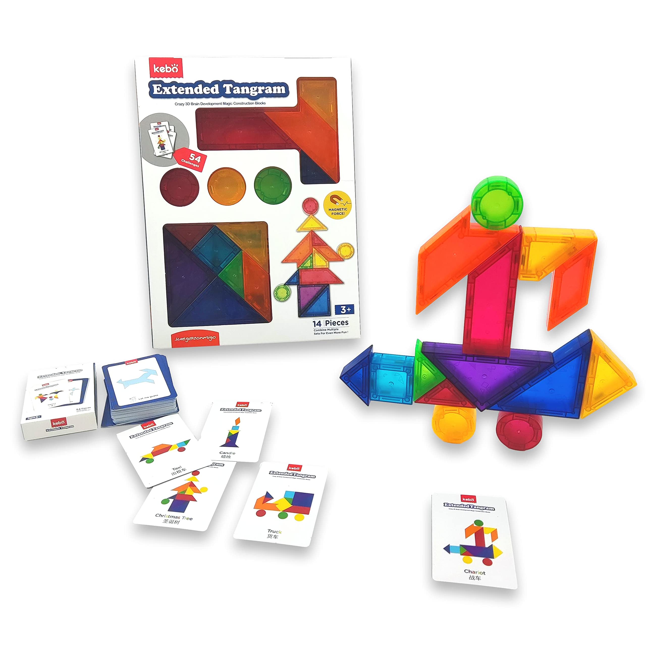 KEBO Tangram Magnetic 3D Educational Game Puzzle with 14 Building Blocks and 54 Challenges to Achieve (Extended)