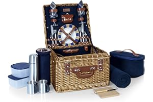 PICNIC TIME Romantic Canterbury Deluxe Wicker Picnic Basket Set for 2, with Blanket and Soft Cooler, One Size, Navy With Plaid