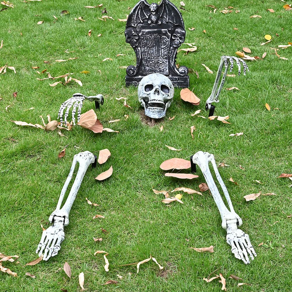 Photo 1 of UMEELR 5 Set Skeleton Bones and Skull Halloween Decoration, Realistic Graveyard Groundbreaker Include Skeleton Stakes Skull and Arms Legs, Outdoor Yard Lawn Graveyard Ground Decor Party Supplies