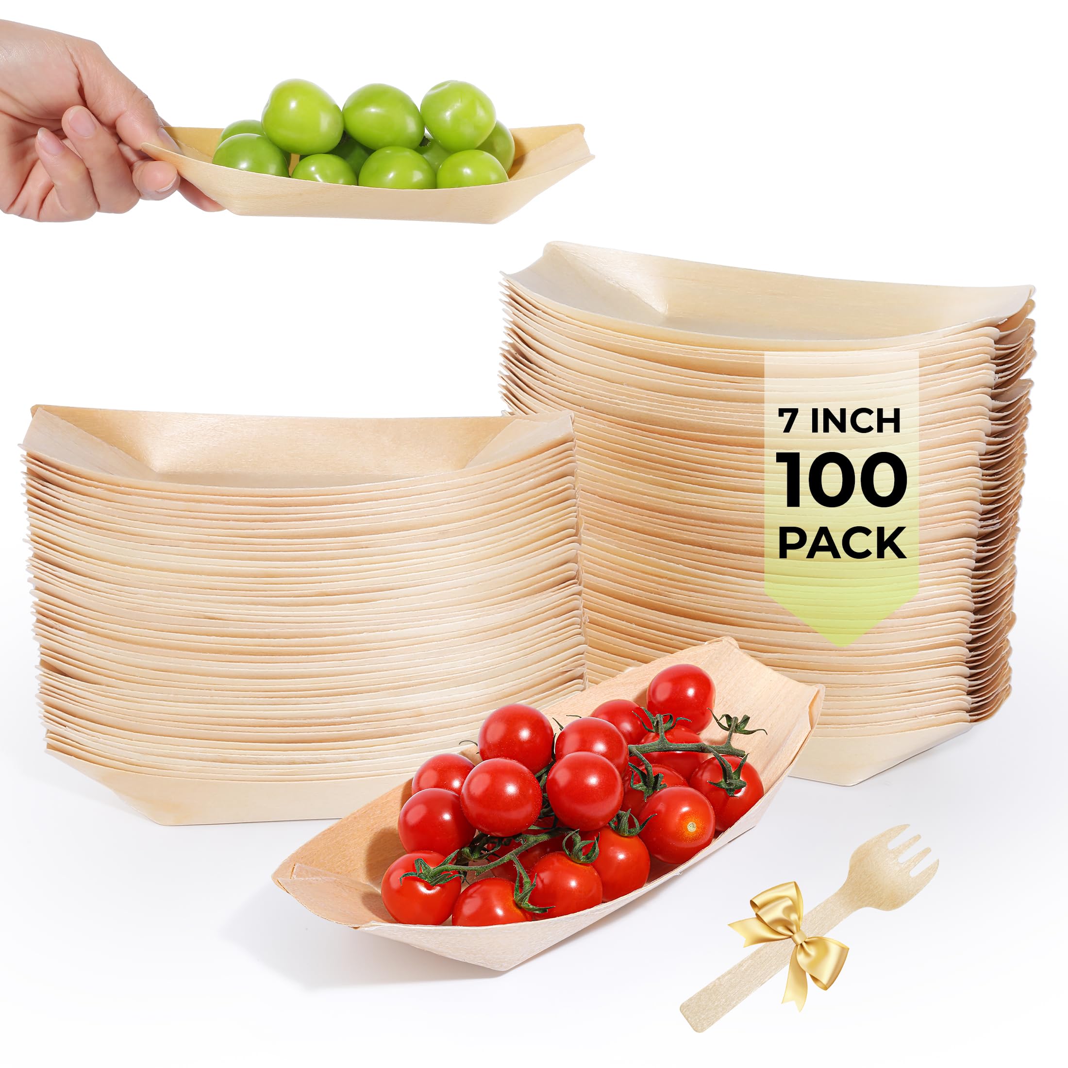 Photo 1 of Suwodpak 100-Pack Upgraded Thick Wooden Disposable Plates 7IN Thickened Boat Plates Food Trays with 0.8lb/360g Load Capacity Sturdy Food Boats for Party (Actual Size Used: 3.94"L x 2.28"W x 0.79"H)
