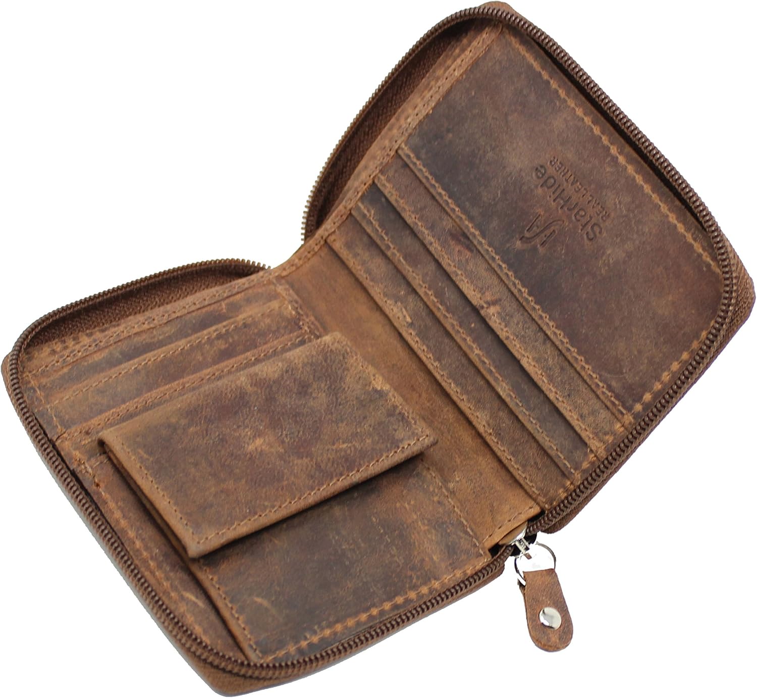 STARHIDE Mens RFID Blocking Full Zip Around Distressed Hunter Leather Coin Pocket Wallet 720 (Brown), Camel Brown, 9.5 cm x 12 cm - Image 3