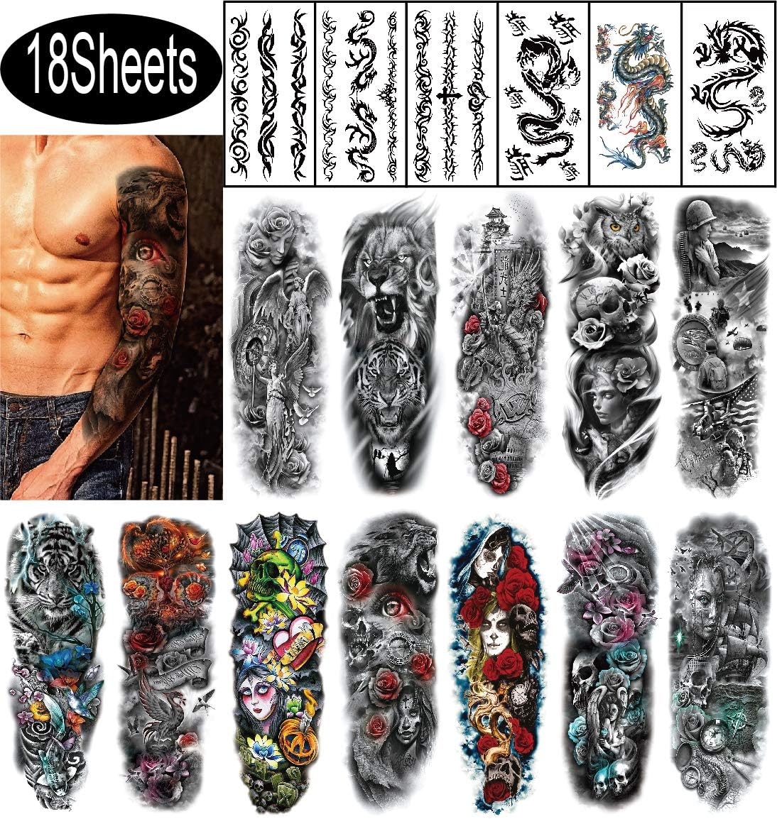 YAKAGO 18 Sheets Full Arm Temporary Tattoo，Extra Large Tattoo Sleeves Fake Tattoos Stickers For Men and Women