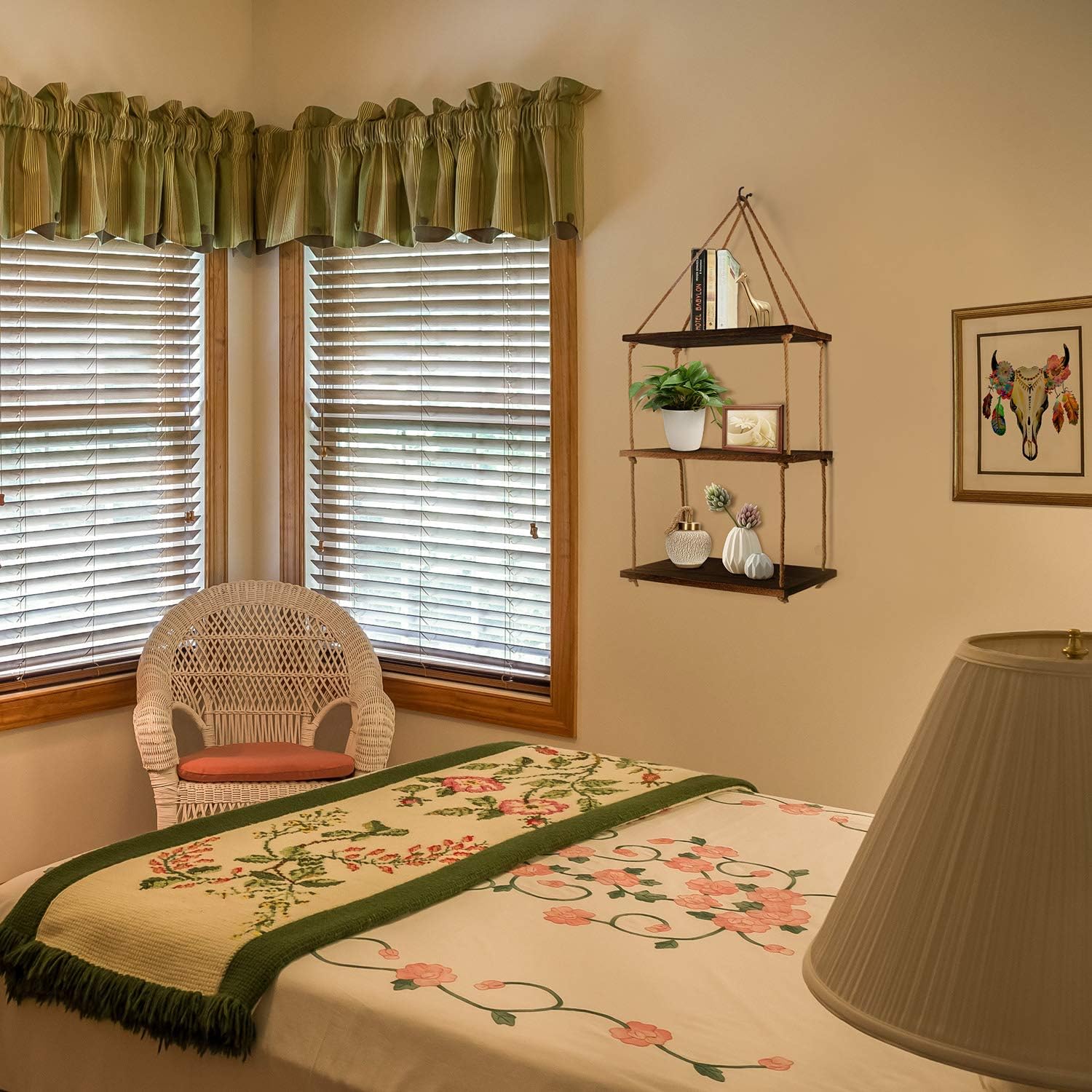 TJ.MOREE Wall Hanging Rope Shelf Wood Hanging Plant Shelves, 3 Tier Window Shelf Home Decor Storage Shelves for Interior Window/Kitchen/Bathroom/Bedroom (Dark Brown): Kitchen & Dining