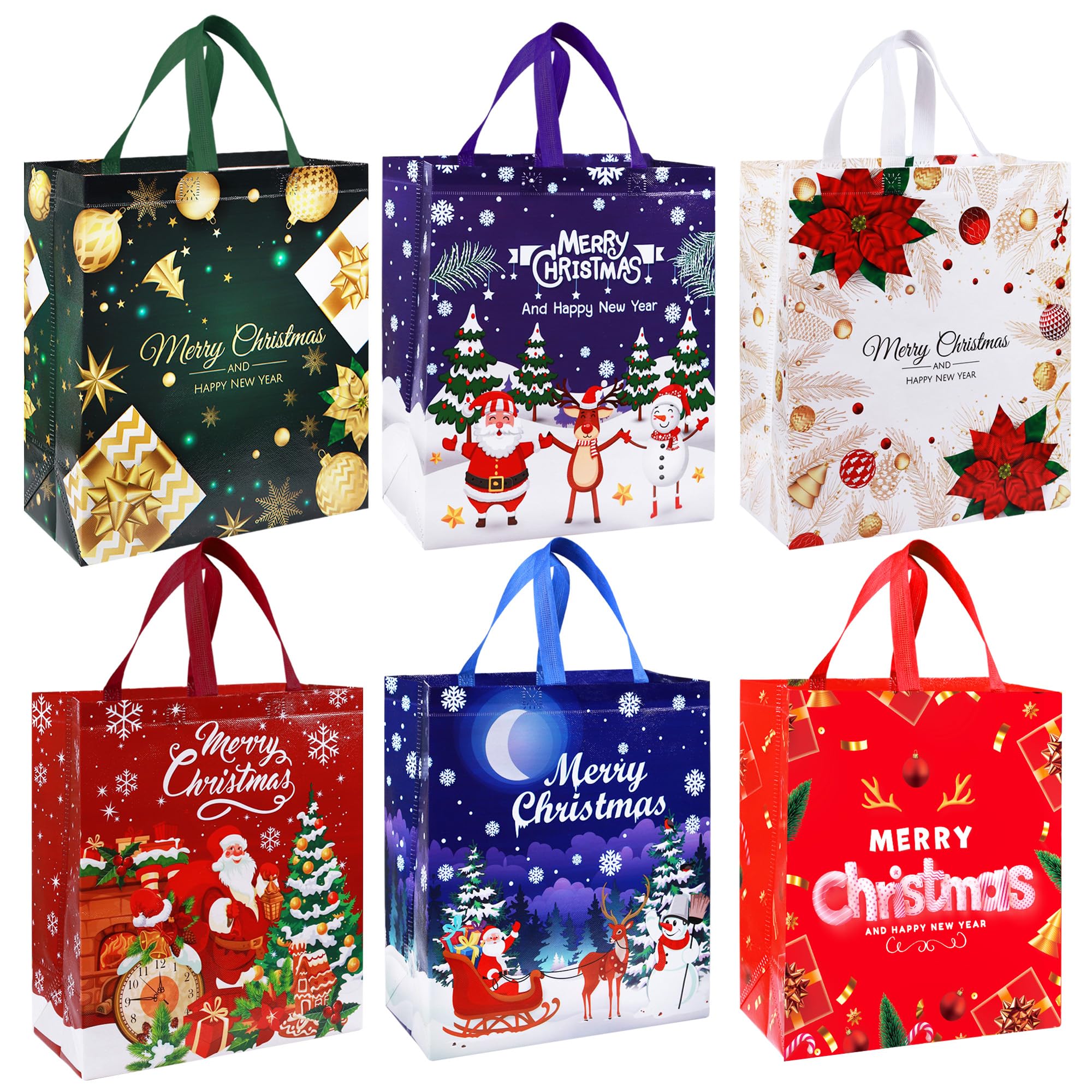Large Christmas Tote Bags with Handle, 6 Pack Reusable Xmas Grocery Carrier Gift Bags,Waterproof Shopping for Christmas Presents Party Holiday Decoration Lovely Design