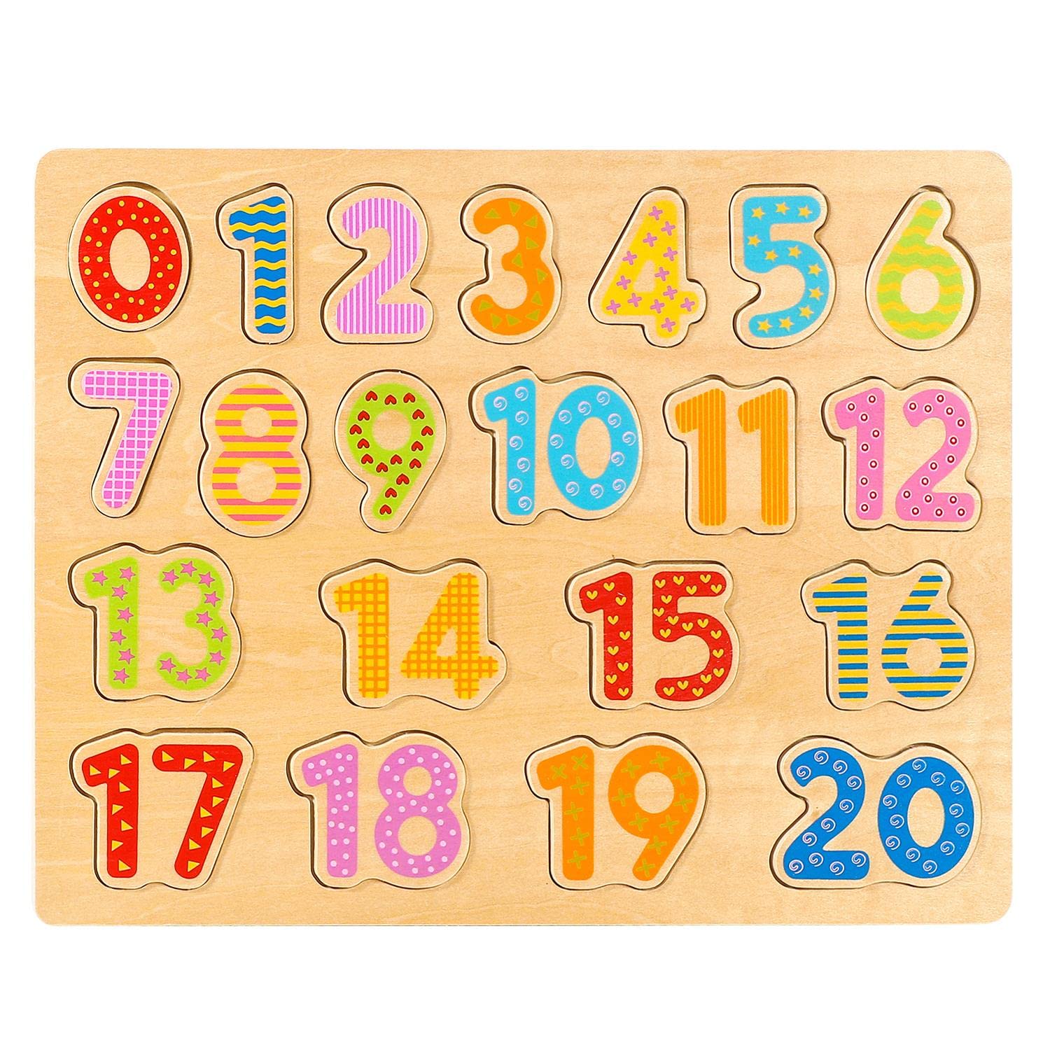 SOKA Wooden Jigsaw Number Puzzle Peg Board Toy Early Educational Preschool Learning Shape Sorter Games 1-20 Bright Colored Wood Pieces for Kids Children Girls Boys Age 3+