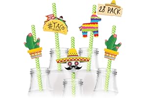 JOYOUSA Fiesta Party Supplies 28pc Straw Set - Cinco de Mayo Party Decorations - Mexican Party Decorations - Fiesta Cupcake Toppers Mini Sombrero, Cactus, Piñata & Taco Theme Décor Party Favors