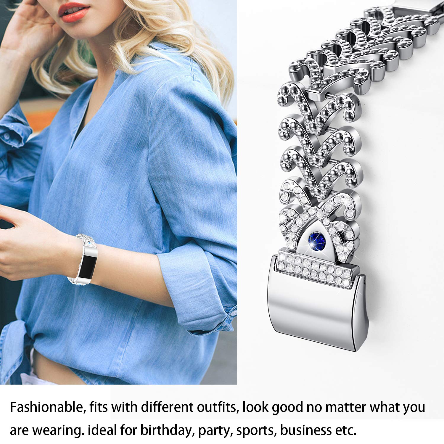 Kaleidoc Bands Compatible Fitbit Charge 2 - Metal Replacement Wristband with Premium Rhinestone Crystals, Adjustable Classy Bracelet Strap Compatible Fitbit Charge 2 Bands
