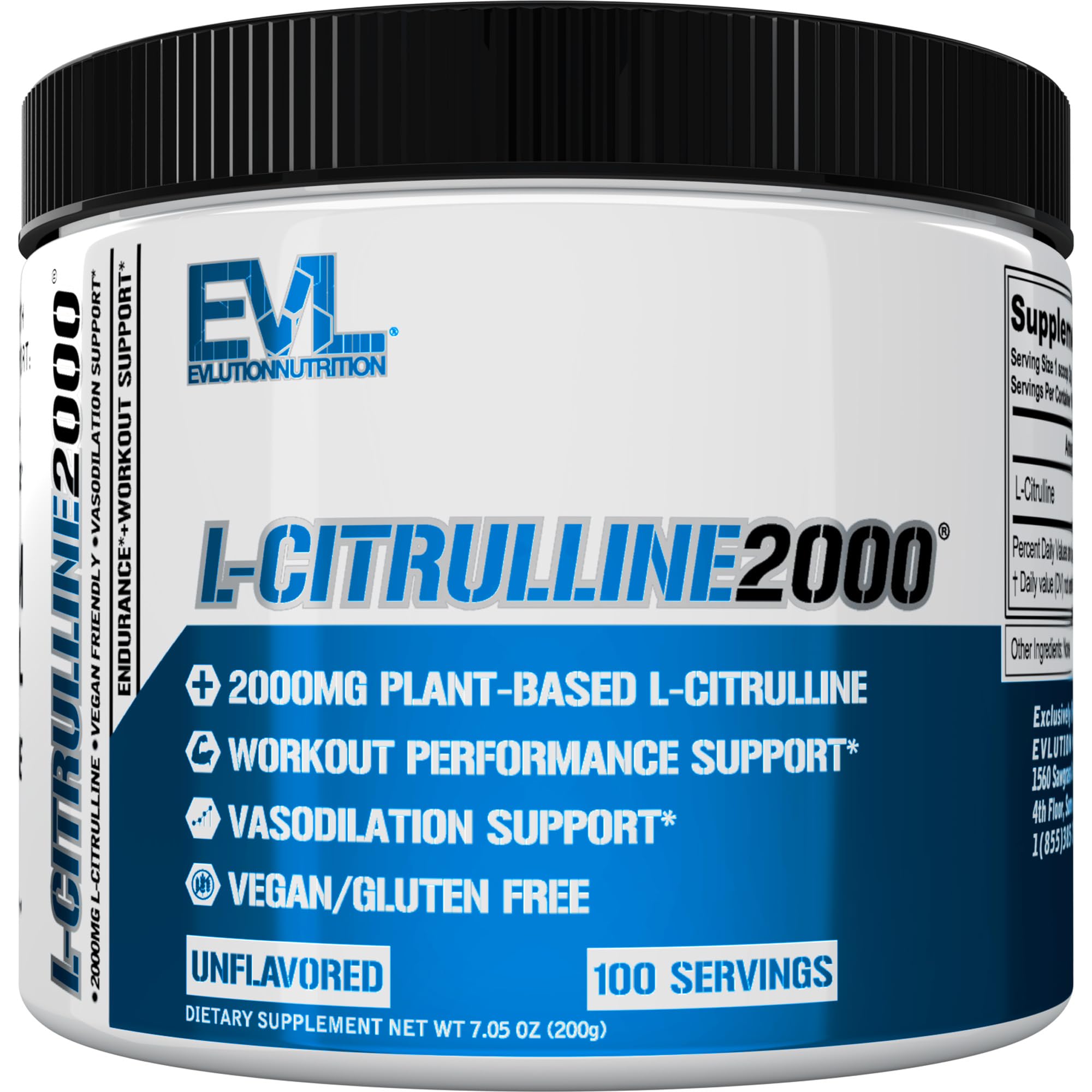 Evlution Nutrition L-Citrulline2000, Ultra-Pure Plant-Based Citrulline Powder Supplement, Enhance Muscle Strength and Vascularity, Powerful NO Booster, 100 Vegetarian Servings