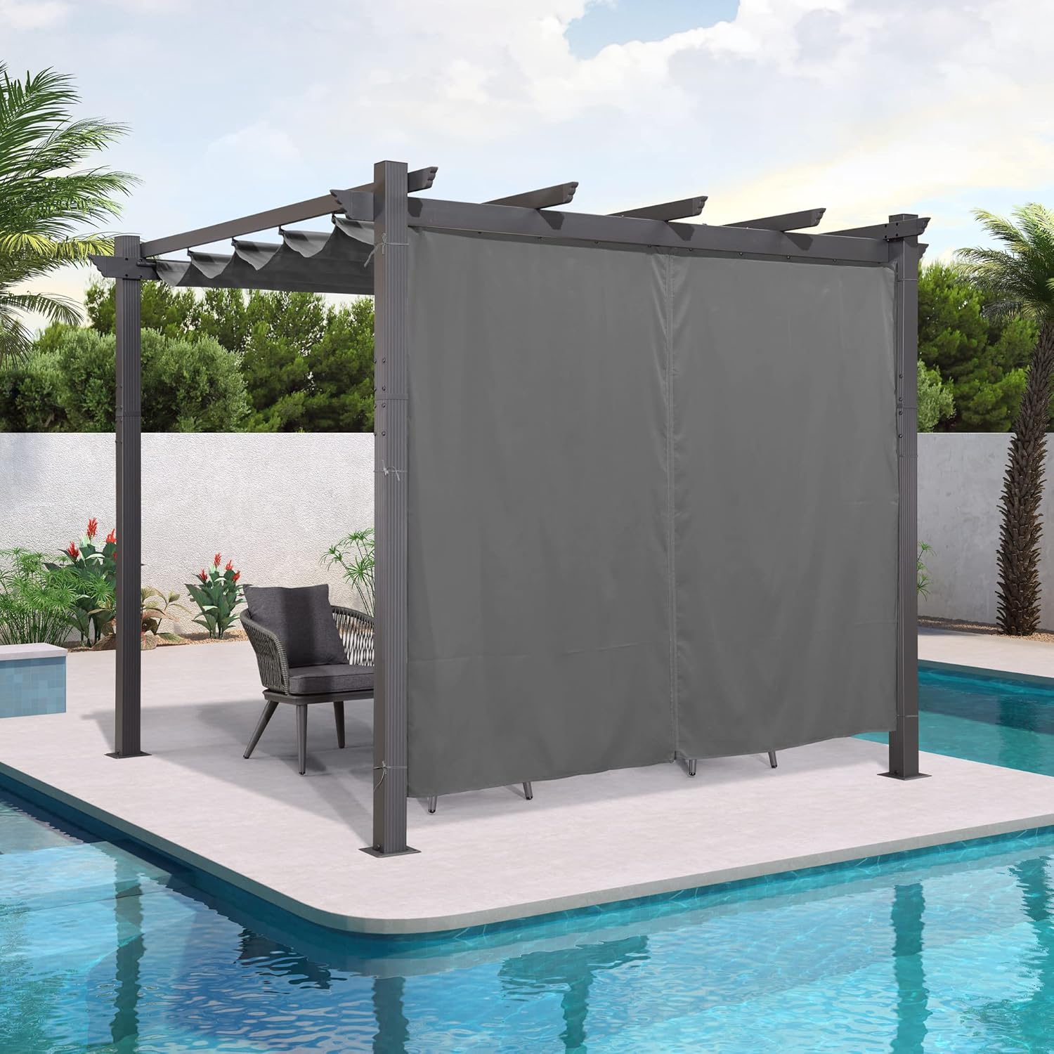 Outdoor Curtains - PURPLE LEAF Outdoor Curtains Privacy for 10' Side Pergola with Grommets and Rod Outside Porch Shade Patio Deck Retractable Replacement Gazebo Cabana Curtain Set of 2 Panels 49 x 82 inch Gray