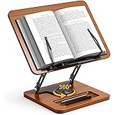Book Stand for Reading, 360° Rotating Hands Free Book Holder, Adjustable Height and Angle, Page Clip for Cookbook, Recipe, Ma