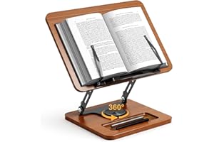 OPTIXCELL Book Stand for Reading, 360° Rotating Hands Free Book Holder, Adjustable Height and Angle, Page Clip for Cookbook, Recipe, Magazine, Laptop,Tablet, Foldable for Kitchen, Office, School