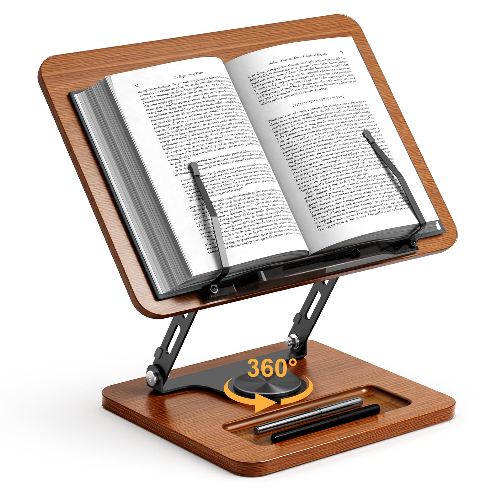 Photo 1 of Book Stand for Reading, 360° Rotating Hands Free Book Holder, Adjustable Height and Angle, Page Clip for Cookbook, Recipe, Magazine, Laptop,Tablet, Foldable for Kitchen, Office, School