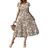 Zeagoo Women's Summer Casual Dress Flutter Short Sleeve V Neck Button Down Tiered Flowy Long Dress with Pockets