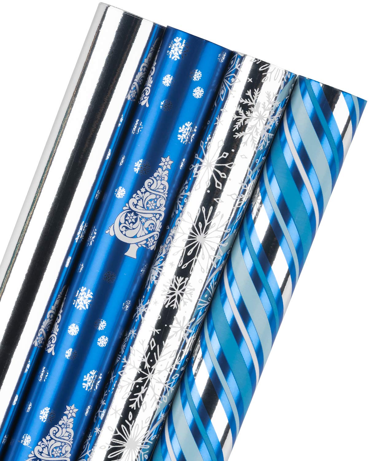 RUSPEPA Wrapping Paper Roll - Silver Snowflake and Blue Stripe Paper with Glitter Metallic Foil Shine - 4 Rolls - 76cm X 305cm Per Roll — image 1