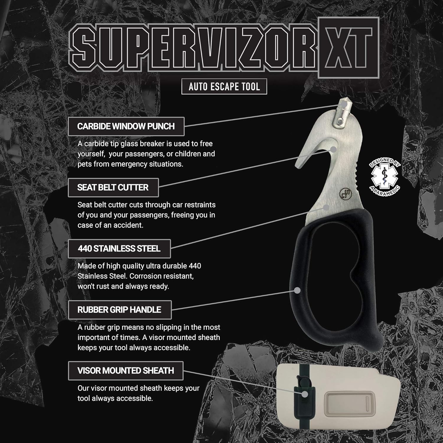 StatGear SuperVizor XT Auto Emergency Rescue Escape Tool - Seatbelt Cutter & Window Glass Breaker Hammer Survival - Mounts Right to Your Sun-Visor! Pack of 2: Automotive