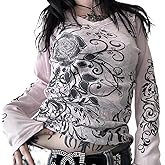 Grunge Shirts Women Y2k Long Sleeve Gothic Emo Graphic Baggy Top Star Skull Print Vintage Aesthetic Goth Baggy Tee