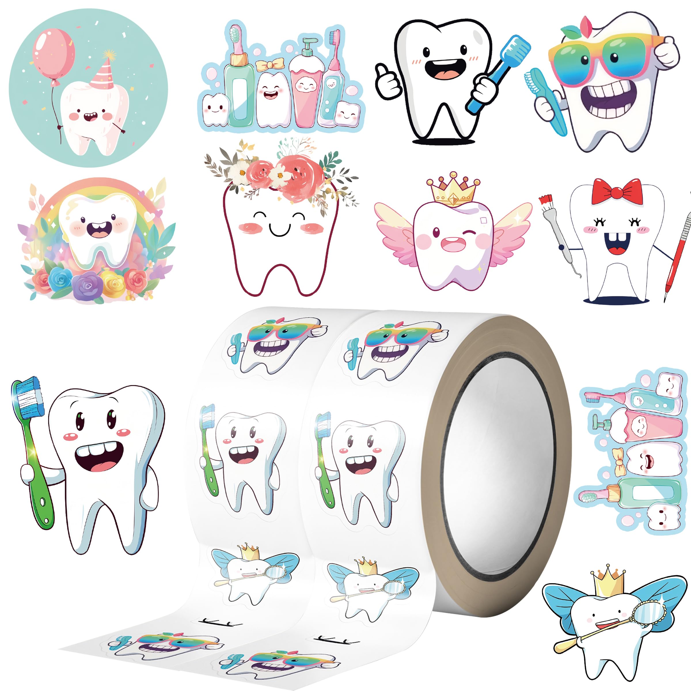 Photo 1 of 1000PCS Tooth Stickers Roll, 2 Rolls 10 Styles Cartoon Teeth Fairy Sticker, Dental Reward Stickers for Dentist, Classroom, Scrapbooking, Party Favors, DIY Crafts