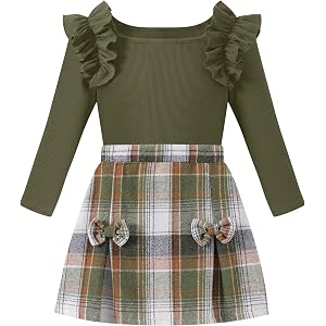KISSB Girls 2 Piece Skirt Sets Fall Winter Outfits Ruffled Ribbed Long Sleeve Top Bowknot Plaid Skirt Kids Clothing Set 4-10Y
