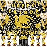 42pcs Dragon Birthday Party Decorations Includes Cake Toppers,Cupcake Toppers, Banner, Backdrop, Balloons - Black Gold Dragon Theme Party Supplies Set for Baby Shower