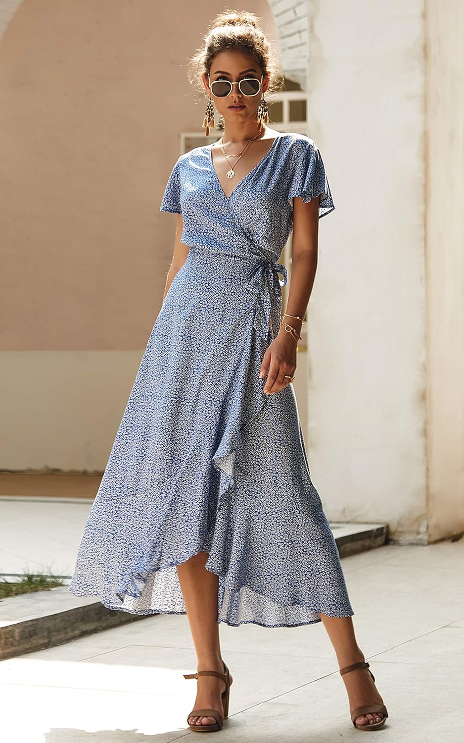 ECOWISH Women's Dresses Bohemian Wrap V Neck Short Sleeve Ethnic Style High Split Beach Maxi Dress at  Women’s Clothing store