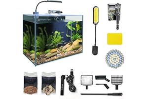 WONDERFACTORY Small Aquarium Starter Kit, 2.6 Gallon Glass Betta Fish Tank with Heater Self Cleaning System Efficiency Filter Bright Light Rocks Gravel Cleaning Tool Set, Leak-Proof Ultra-Clear Rimless Desktop Tank