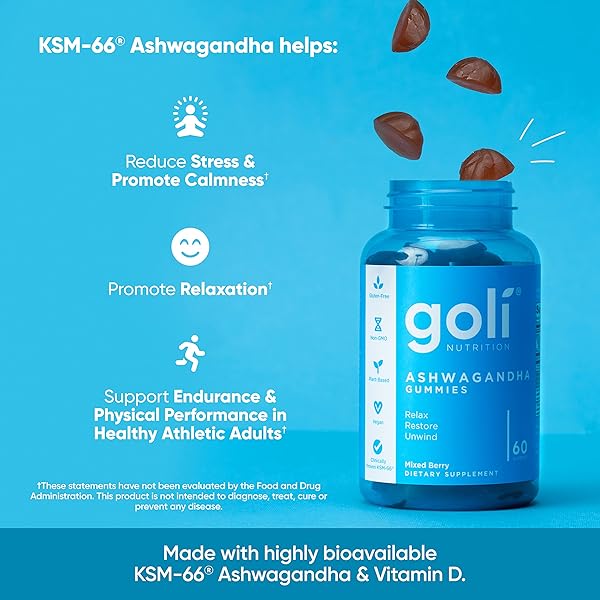 GOLI ASHWAGANDHA & VITAMIN D GUMMY – 60 COUNT – MIXED BERRY, KSM-66, VEGAN, PLANT BASED, NON-GMO, GLUTEN-FREE & GELATIN FREE RELAX. RESTORE. UNWIND, PACK OF 1