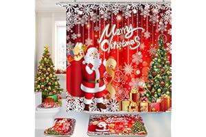 Ruikyhom Christmas Bathroom Sets with Shower Curtain and Rugs 4 Pcs, Xmas Bathroom Decor Sets, Christmas Shower Curtain Set with Rugs(Bath Mat,U Shape,Toilet Lid Cover) and Hooks,Gold Santa Claus