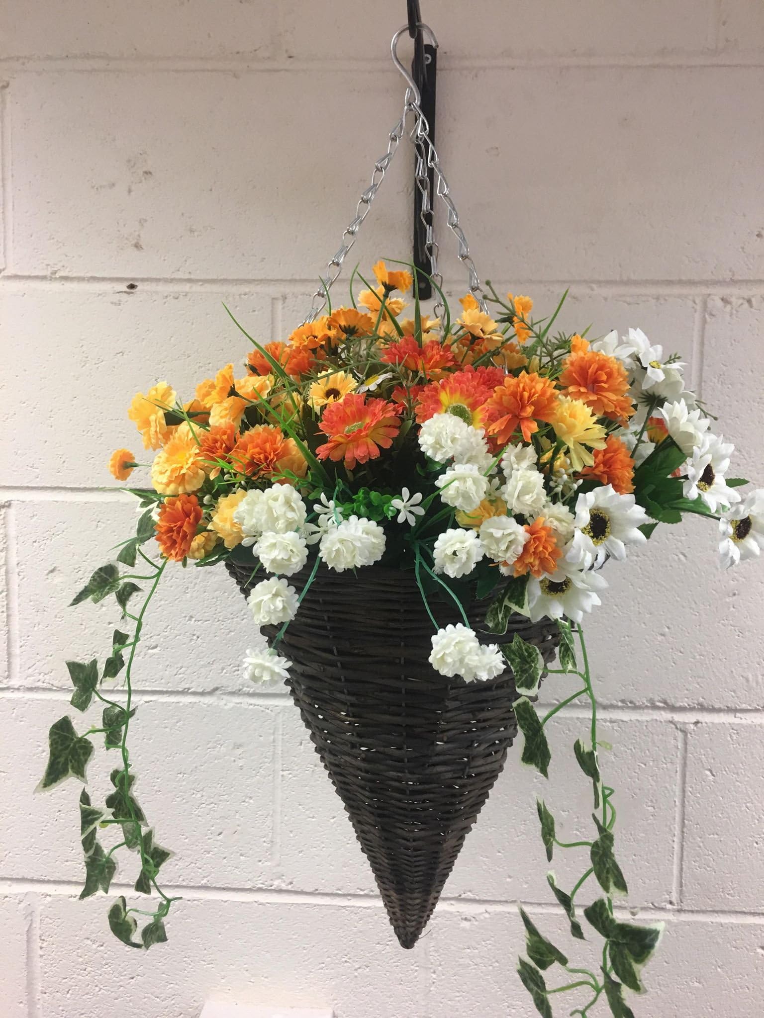 Round Wicker Artificial Flower Cone Hanging Basket - Orange,Yellow and White with trailing Ivy