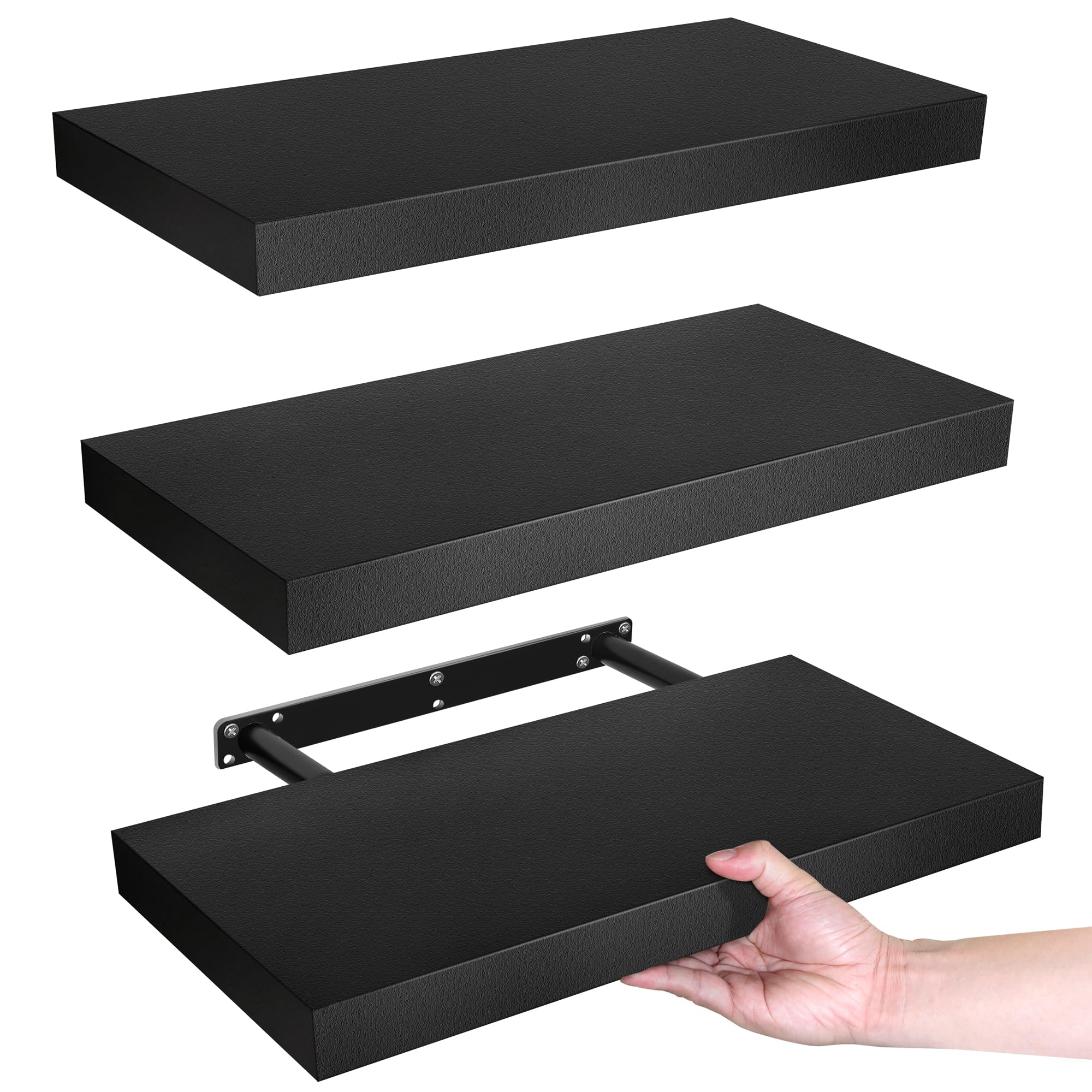 Photo 1 of LaVie Home Floating Shelves, 15.6 Inch Wall Shelf Set of 3, Hanging Shelf with Invisible Brackets, Wall Decor for Bathroom, Bedroom, Living Room, Kitchen Storage, Classic Black