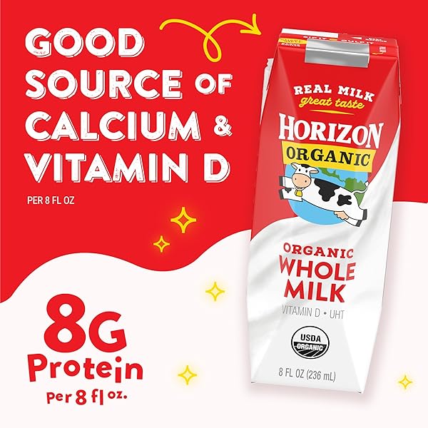HORIZON ORGANIC SHELF STABLE WHOLE MILK BOXES, 8 FL OZ, 18 COUNT – 8G PROTEIN PER SERVING, USDA ORGANIC UHT FROM PASTURE-RAISED COWS, READY TO DRINK FOR LUNCHBOX, TRAVEL, OR ON-THE-GO, NO REFRIGERATION NEEDED
