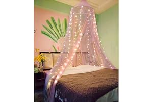 Eimilaly Two-Tone Bed Canopy Mosquito Net Pink Purple with 250pcs Warm Lights, Bed Canopy for Girls Room Decor, Single Door