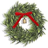 Dingion 20" Real Touch Christmas Cedar Wreath Artificial Cedar Wreaths for Front Door Winter Faux Green Fake Pine Cypress Wreath with Vintage Bow for Window Outdoor Indoor Wall Home Xmas Holiday Decor