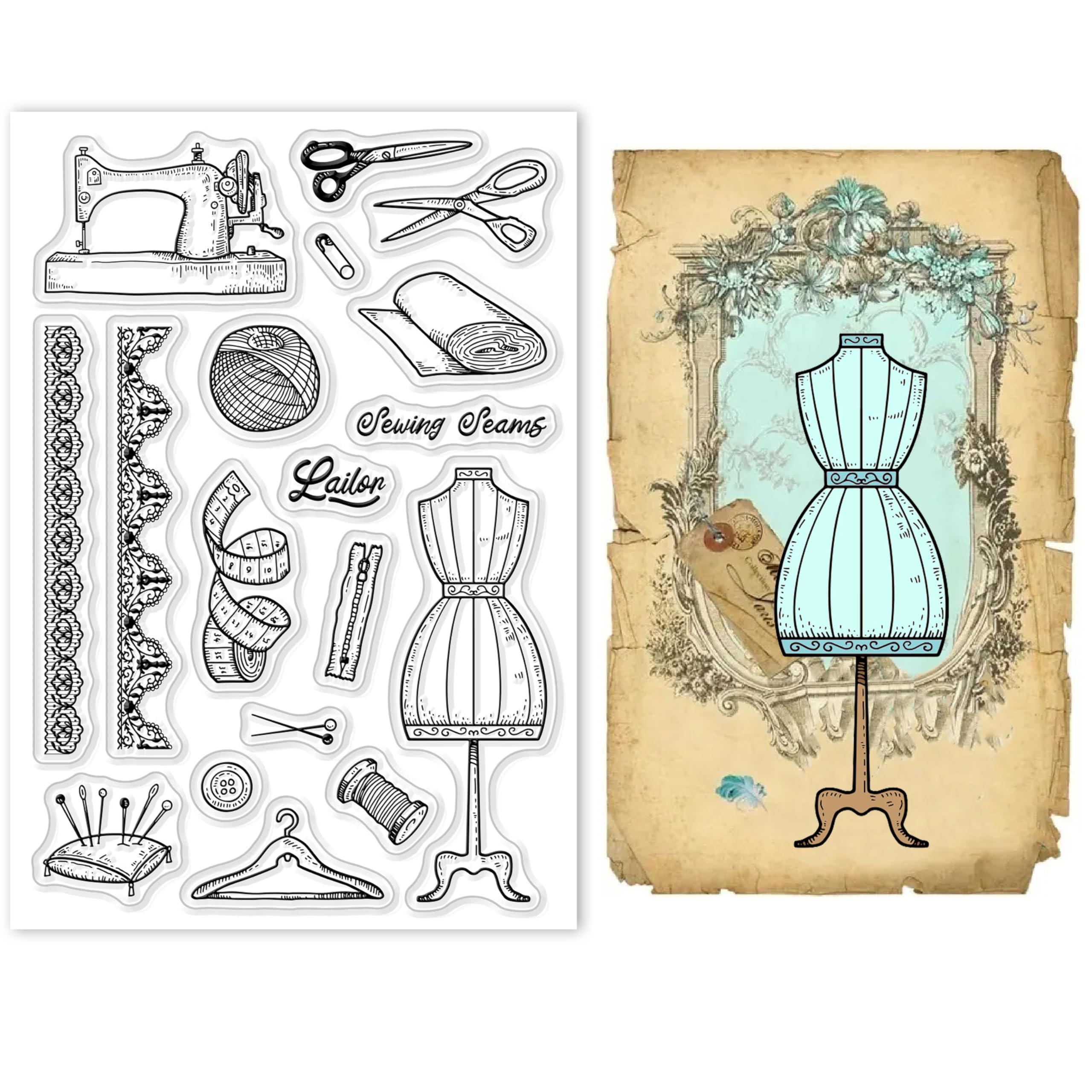 GLOBLELAND Tailor Vintage Clear Stamps Sewing Machine Silicone Stamp Seal Transparent Lace Stamps for Card Making Decoration and DIY Scrapbooking